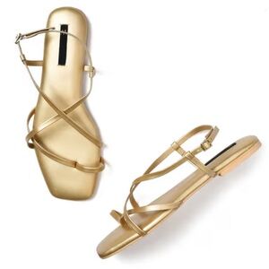 W Brand Solid Gold Square Toe Flat Elegant Gold Strappy Sandals. Size 39. New